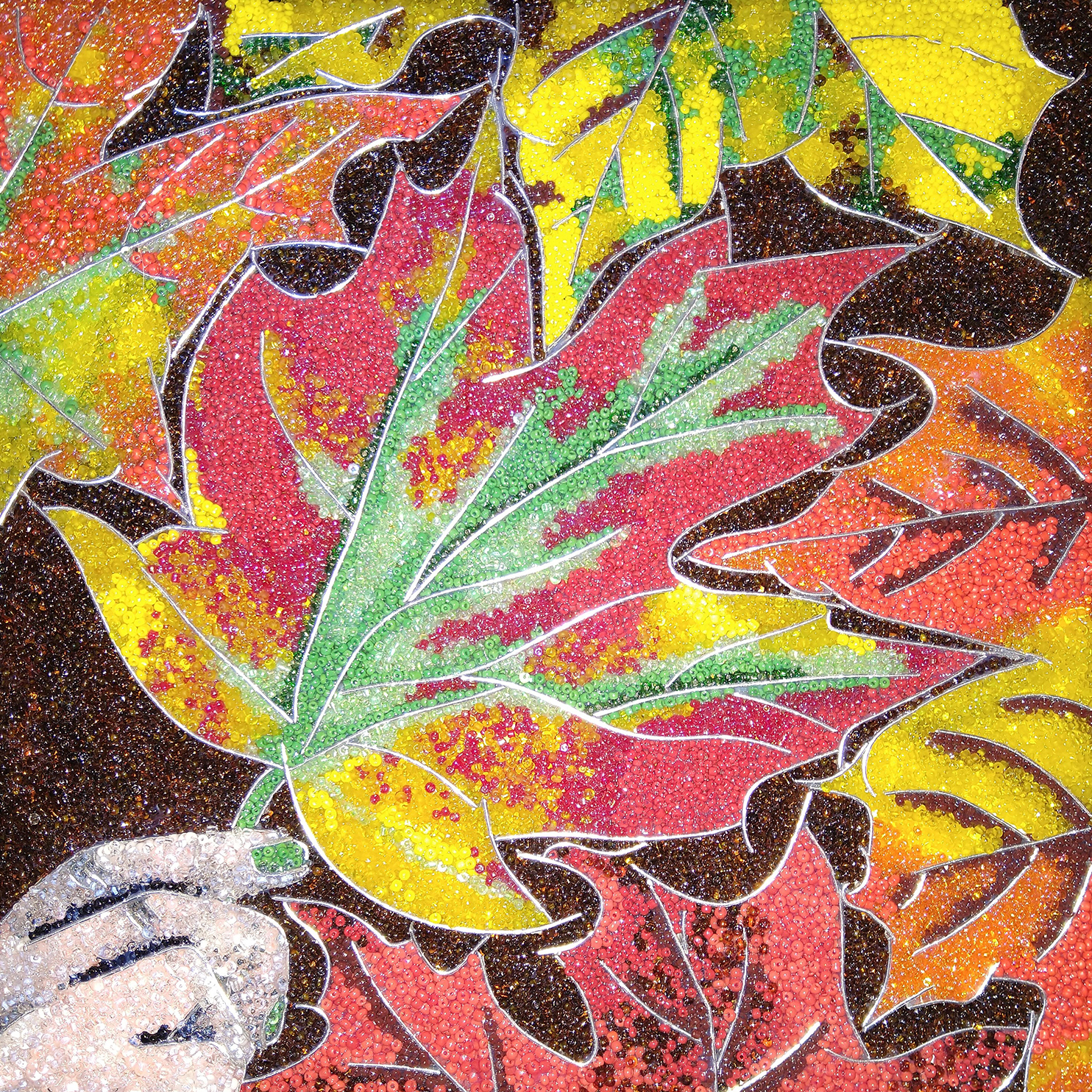 Maple Leaf Beaded Painting made of beads, wire and resin on canvas