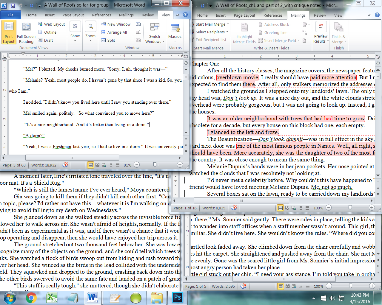 screen capture of several windows in Word showing typed material