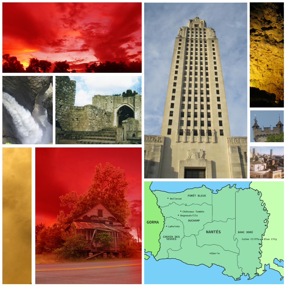 Story board for Chaos and Dust showing images of melted and upside-down houses, a capitol tower, castles, orange skies, orange clouds, waterfalls, a red icy tunnel and a fictional country map