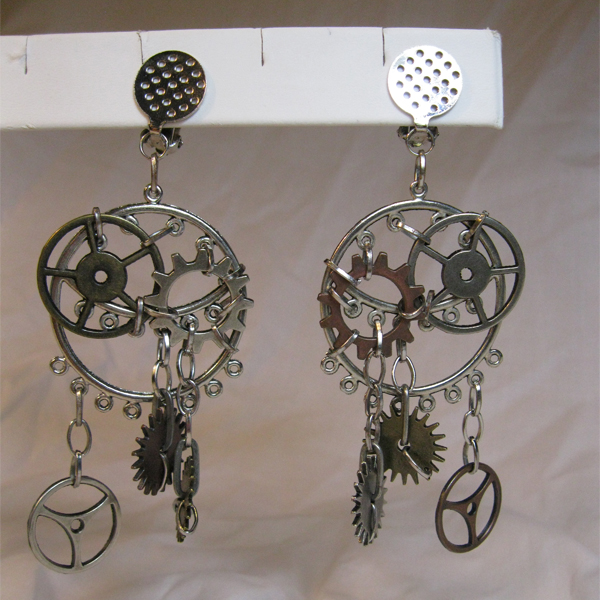 Steampunk earrings with big hoops and dangling gears