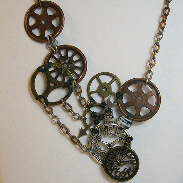 Steampunk necklace of clockwork sections connected by chains