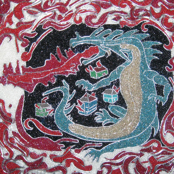 Bead painting of a blue dragon breathing fire, surrrounded by a frame of flames, in front of a background of burning houses