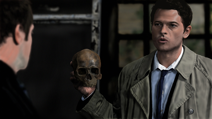 Supernatural fanart digital painting of Castiel holding a skull in front of Crowley