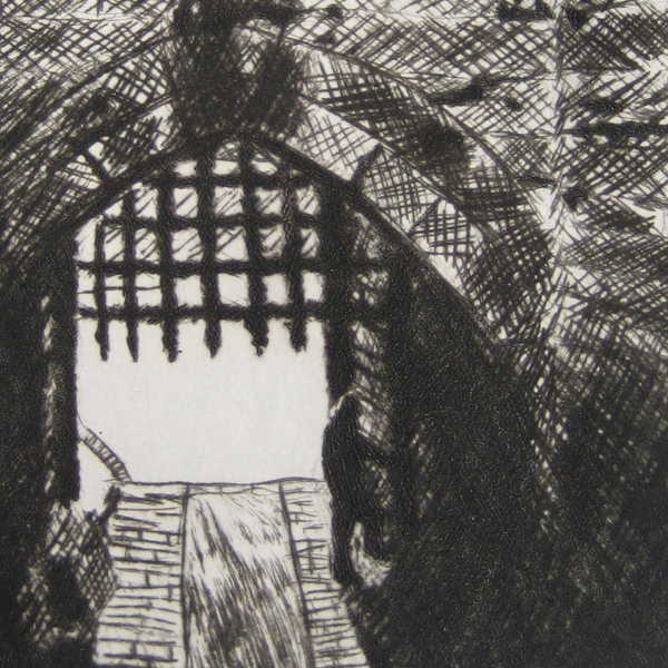 Mysterious figure in shadow standing in a passageway in a castle