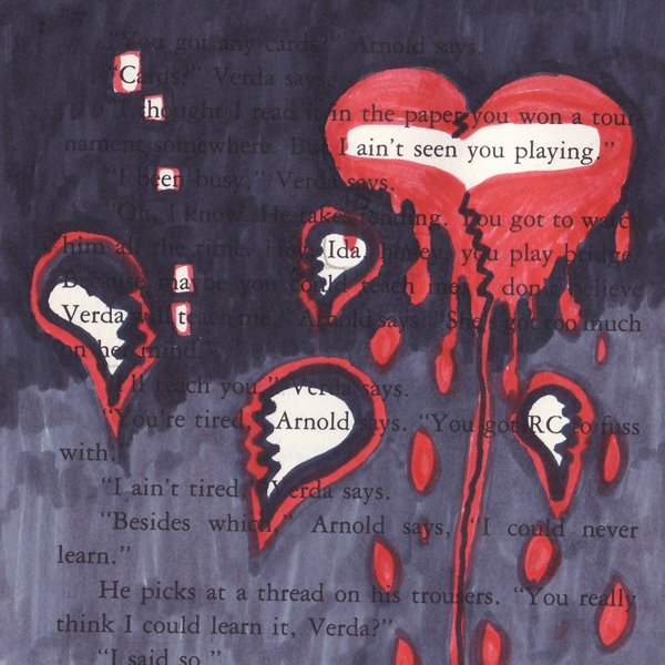 Paintmarkers, ink pens and markers used to cover up unwanted text on a page in a printed fiction book